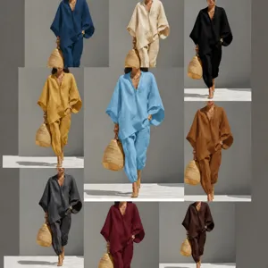 Conjunto de Verano Casual para Mujer Color Sólido Manga Murciélago Cuello V Parte Superior e Inferior Pantalón Holgado