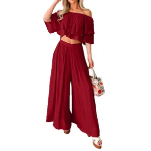 Women's wine red off-the-shoulder crop top and wide leg pants two-piece set main view