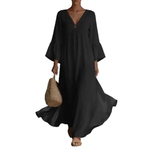 Bohemian deep V-neck bell sleeve long maxi dress for women vacation casual black chic