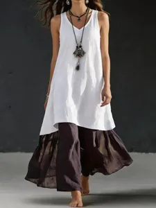 Vestido largo holgado liso sin mangas cuello V chaleco casual ropa de mujer detalle.