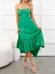 Verano sin mangas cuello halter fruncido plisado alto bajo largo vestido de mujer