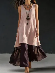 Vestido largo casual holgado con cuello en V sin mangas mujer verano boho color sólido
