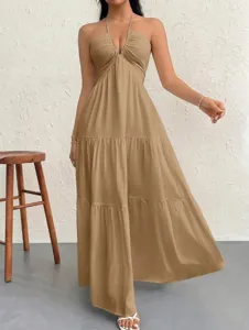 Summer sexy halter maxi dress, deep V neck A-line tiered long dress for holiday party.