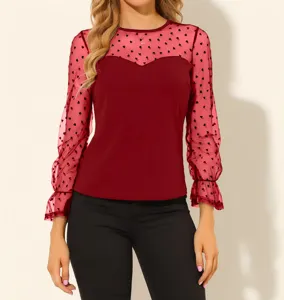 Mujer Manga Larga Malla Transparente Corazón Patrón Top Elegante Blusa Burdeos Casual