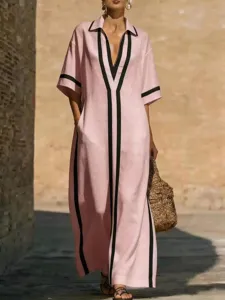 Abito lungo rosa con risvolto da donna, vestito maxi casual scollo V contrasto con tasche.