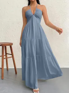 Summer women's halter deep V-neck maxi dress, elegant tiered A-line party holiday dress.