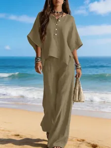 Conjunto casual de dos piezas de lino para mujer con top de manga corta y pantalón.