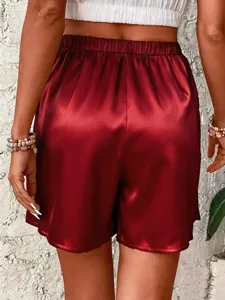 Shorts casuales de saten para mujer, cintura alta elastica, prenda comoda suave de verano.