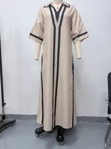 Abito lungo donna beige righe a contrasto revers manica mezza estate casual elegante vestito maxi