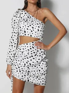 Sexy one shoulder cutout bodycon dress with long sleeve and stylish dalmatian print design.