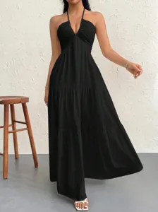 Black halter neck maxi dress with deep v neck, perfect for summer beach parties and night outs.