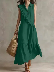 Vintage green sleeveless lapel dress with diagonal ruffle detail for elegant daily commuting style.