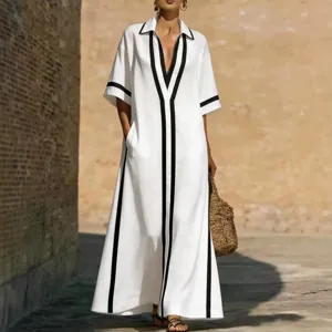 Abito Maxi Lungo Elegante Casual da Donna Scollo a V Risvolto Manica Corta Larrgo Tinta Unita Misto Poliestere Per Vacanza