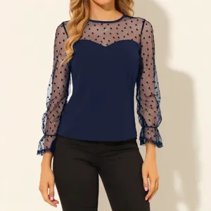 Mujer Manga Larga Malla Lunares Empalmados Cuello Redondo Elegante Casual Slim Top