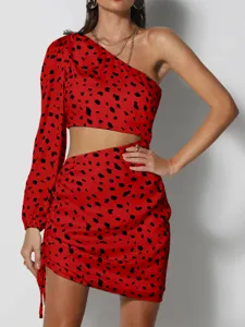 Detailed view of sexy one-shoulder long sleeve red leopard print cut-out bodycon dress.