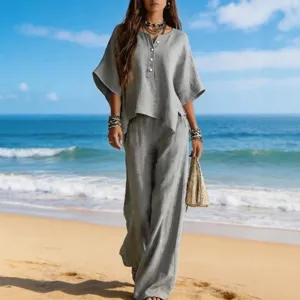 Conjunto Casual de Poliéster con Cuello Redondo y Manga Corta Top y Pantalón Ancho para Mujer Verano