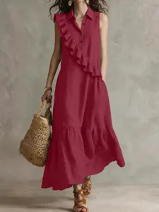 Retro sleeveless lapel maxi dress with chic ruffle trim for casual daily commute wear.