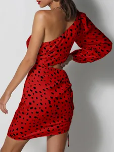 Red one shoulder cutout leopard print bodycon dress for women sexy party club wear outfit
