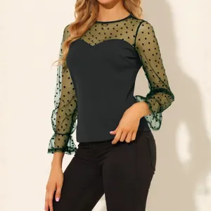 Elegante Mujer Mesh Patchwork Manga Larga T-Shirt Cuello Redondo Top Moda Casual