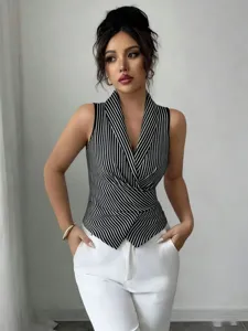 Minimalist black and white striped sleeveless blazer top with chic crossover waist design.