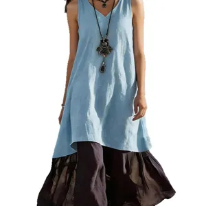 Vestido largo holgado liso sin mangas con cuello en V casual para verano y primavera diarios.