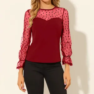 Mujer Elegante Manga Larga Transparente Mesh Corazón Patchwork Cuello Redondo Casual Blusa Top Nuevo
