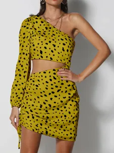 Detail view of a sexy one-shoulder leopard print long sleeve cutout bodycon dress for women.