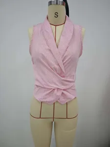 Pink and white striped sleeveless top detail, crossover waist design, irregular hemline.