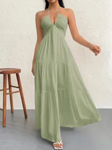 Sage green halter neck deep v-neck tiered maxi dress for women summer beach vacation party.