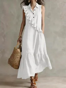 Detailed view of the elegant white sleeveless lapel dress featuring stylish ruffle trim.