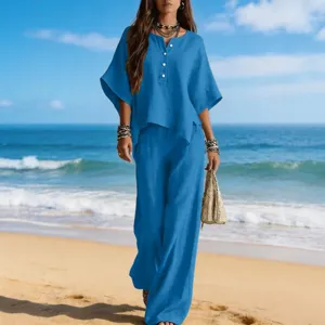 Mujeres moda casual camiseta de cuello redondo irregular y pantalón largo dos piezas.