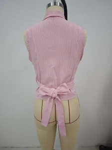 Pink white striped sleeveless wrap top back bow detail irregular hem summer fashion