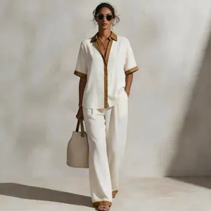Donna Casual Collo Voltato Colore a Contrasto Camicia Manica Corta E Pantaloni Lunghi Set Outfit Quotidiano Estivo