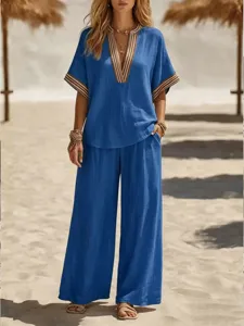 Blue two piece set casual short sleeve top wide leg pants summer vacation beach outfit