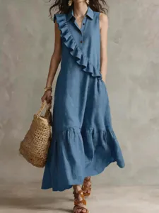 Detailed view of a retro sleeveless ruffle-trim linen midi dress in blue for elegant daily wear.