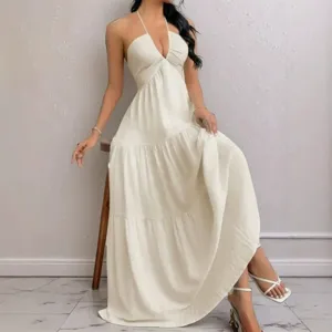 Women's Sexy Deep V-Neck Halter A-Line Maxi Dress Sleeveless Backless High Waist Vacation Party Long Dresses