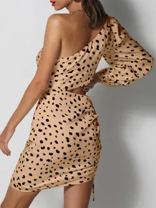 Sexy one-shoulder long sleeve leopard print cutout bodycon mini dress for women details.