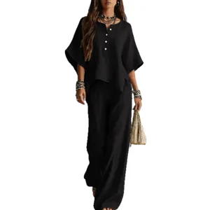 Mujer casual irregular cuello redondo camiseta y pantalones anchos dos piezas principal