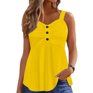Damen gelbes Tanktop Sommer Freizeit ärmelloses Shirt mit Knöpfen und dicken Trägern