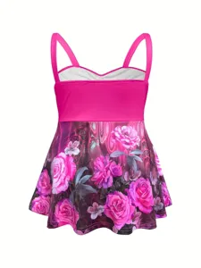 Damen stilvolles blumenmuster cami schwimmtop sommer rosa tankini badekleidung.
