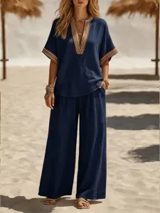 Women casual 2-piece set V-neck short sleeve top and wide leg pants navy beach outfit