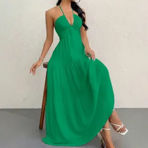 Summer green halter deep V-neck maxi dress, elegant sleeveless tiered A-party dress.