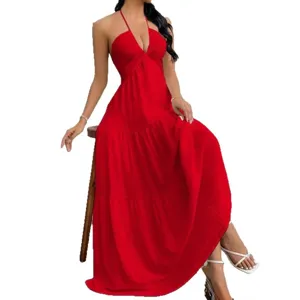 Summer sexy red halter deep V-neck tiered maxi dress for women holiday party beach wear.