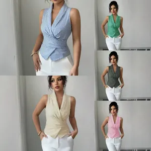 Women's Minimalist Striped Suit Lapel Sleeveless Top Cross Waist Irregular Hem Casual Elegant Summer Blouse