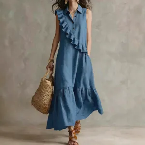 Women Vintage Sleeveless Suit Collar Maxi Dress Solid Color Patchwork Casual Commute Long Dress Elegant Ladies Polyester