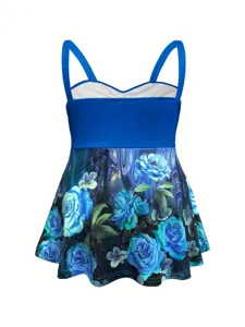 Damen Blau Floral Tankini Oberteil Sommer Strandmode Herz Ausschnitt Trägershirt.