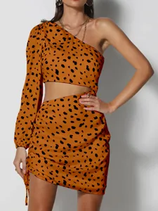 Stunning one-shoulder long sleeve leopard print cutout bodycon mini dress for women.