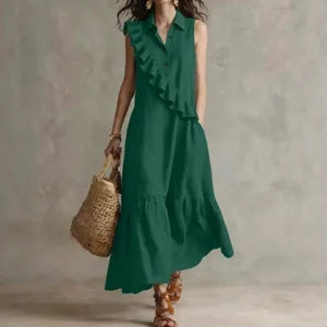 Retro sleeveless lapel dress with ruffle design, elegant commuter style maxi dress.