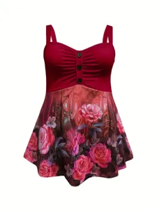 Damen grosse Groessen Blumen Druck Tankini Oberteil Rot geraffte Strand Badebekleidung