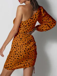 Sexy one shoulder leopard print long sleeve cut out bodycon mini party dress for women.